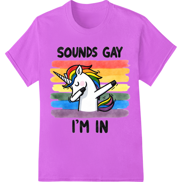 Unicorn 'Sounds Gay I'm In' LGBTQ Pride Heat Transfer on purple shirt - SUPERDTF-DTF Prints-DTF Transfers-Custom DTF Prints