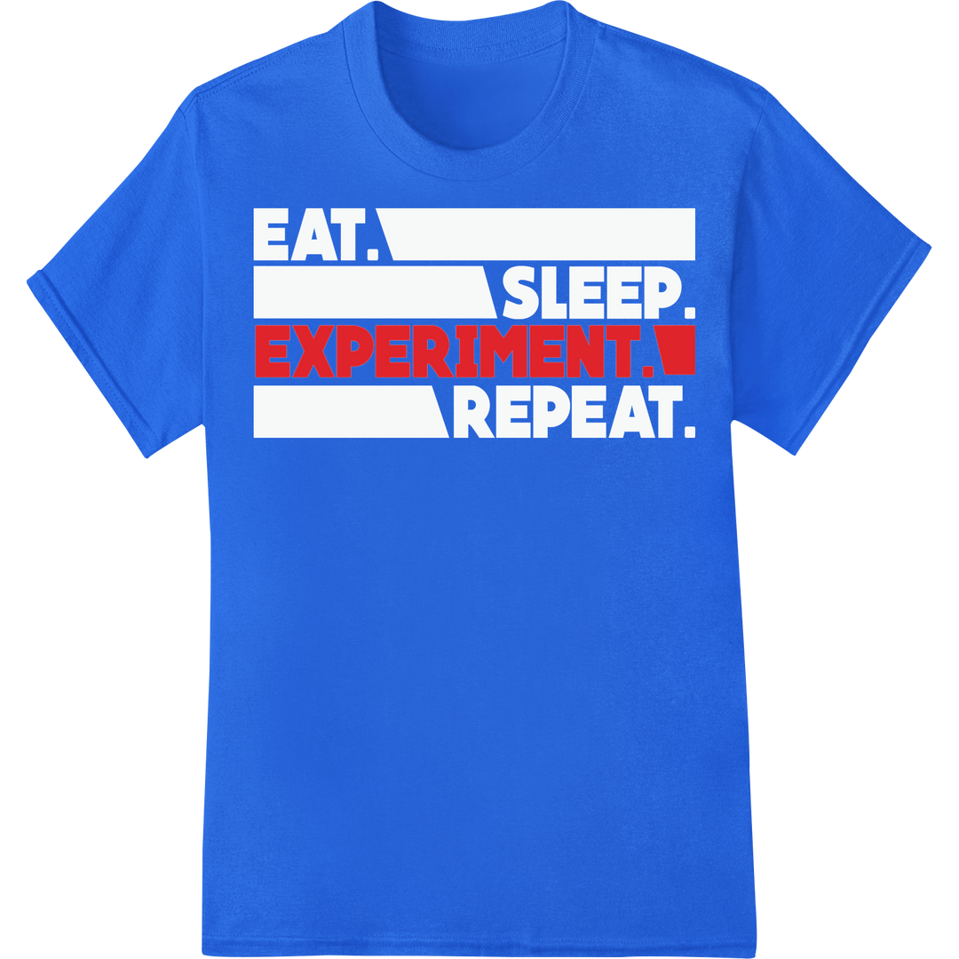 Bold 'EXPERIMENT.' DTF Print Heat Transfer for Science Teachers on blue shirt - SUPERDTF-DTF Prints-DTF Transfers-Custom DTF Prints