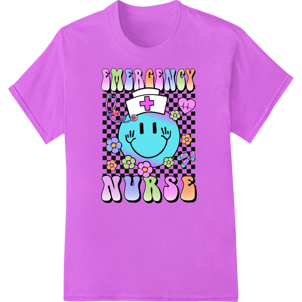 Adorable Emergency Nurse Smiley DTF Print for Nurses Day on purple shirt - SUPERDTF-DTF Prints-DTF Transfers-Custom DTF Prints