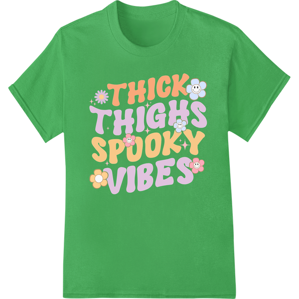 Cute 'Thick Thighs Spooky Vibes' Halloween design featuring spooky text and ghosts, pumpkins, and bats as graphic elements.