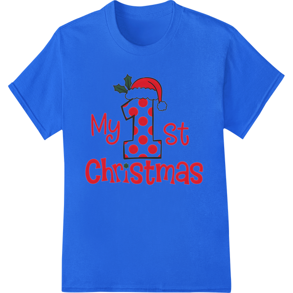 Adorable "My 1st Christmas" Santa Hat DTF Print Transfer on blue shirt - SUPERDTF-DTF Prints-DTF Transfers-Custom DTF Prints