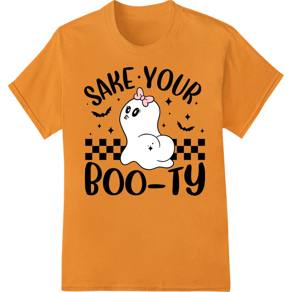 Adorable 'Sake Your Boo-ty' Halloween Pun Ghost DTF Print on orange shirt - SUPERDTF-DTF Prints-DTF Transfers-Custom DTF Prints