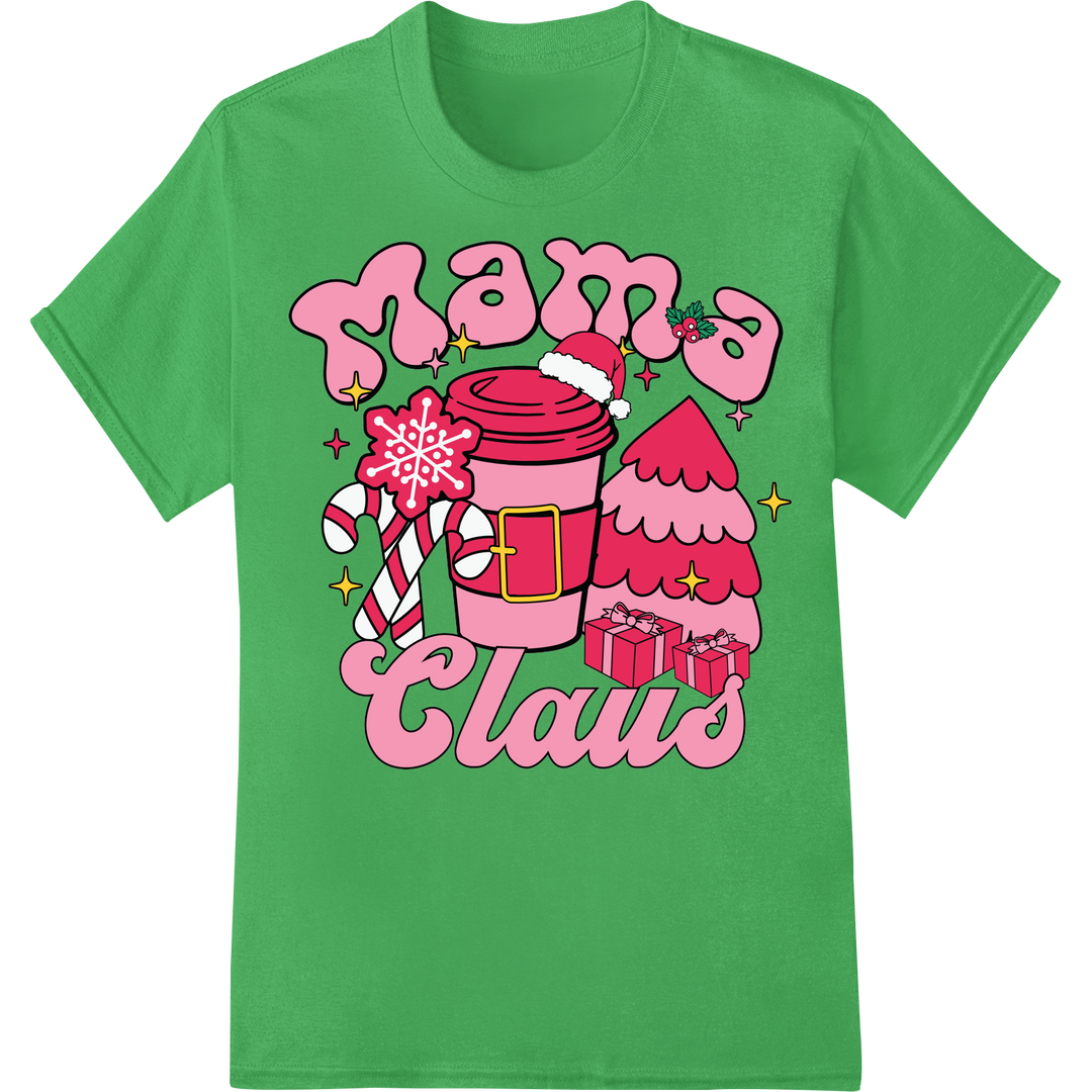 Festive Pink Mama Claus DTF Print Heat Transfer on green shirt - SUPERDTF-DTF Prints-DTF Transfers-Custom DTF Prints