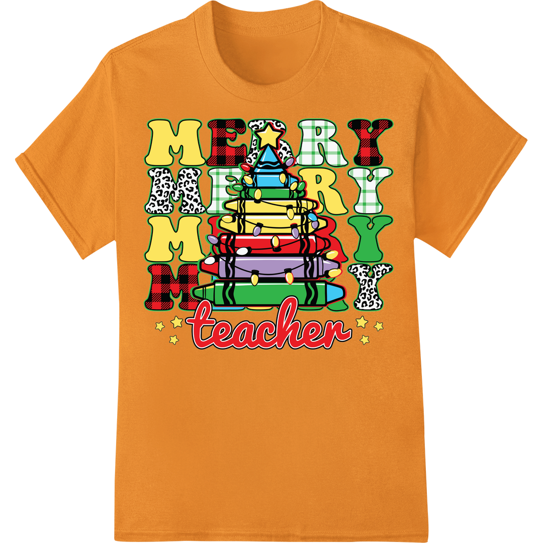 Festive 'Merry' Christmas Teacher T-Shirt Transfer Design on orange shirt - SUPERDTF-DTF Prints-DTF Transfers-Custom DTF Prints