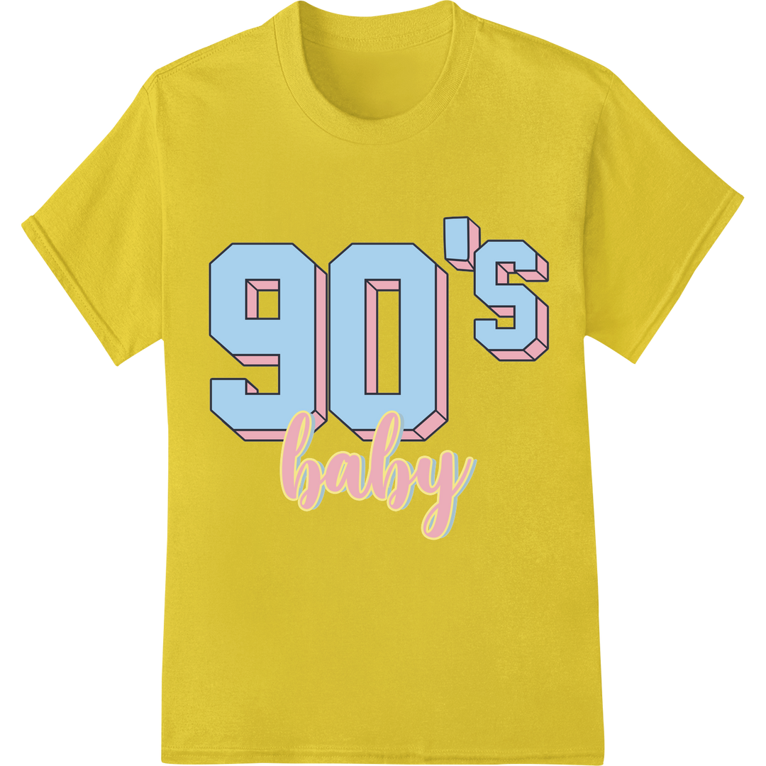 Retro 90s 'Baby' Text DTF Print Heat Transfer | Vintage Style on yellow shirt - SUPERDTF-DTF Prints-DTF Transfers-Custom DTF Prints