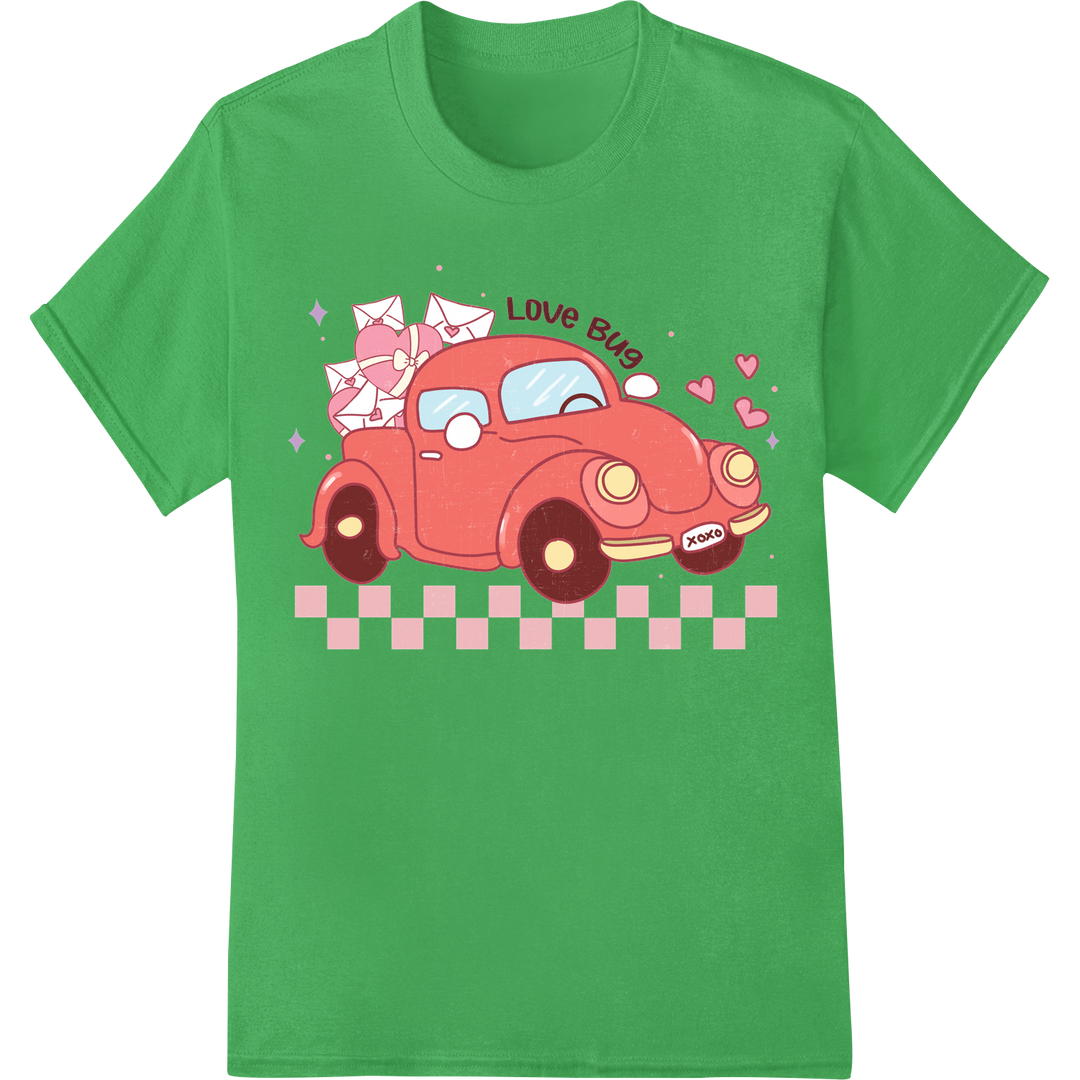 Adorable 'Love Bug' Retro Car Valentine's Day DTF Print on green shirt - SUPERDTF-DTF Prints-DTF Transfers-Custom DTF Prints