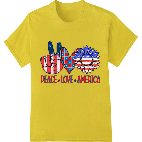 Colorful Peace + Love + America DTF print design with American flag, doves, and peace sign suitable for heat transfer on...