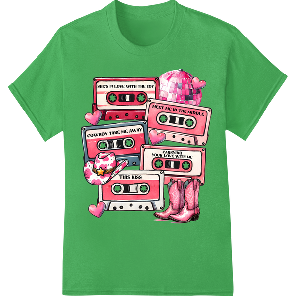 Cowboy Cassette Valentine: Country Love Songs DTF Print on green shirt - SUPERDTF-DTF Prints-DTF Transfers-Custom DTF Prints