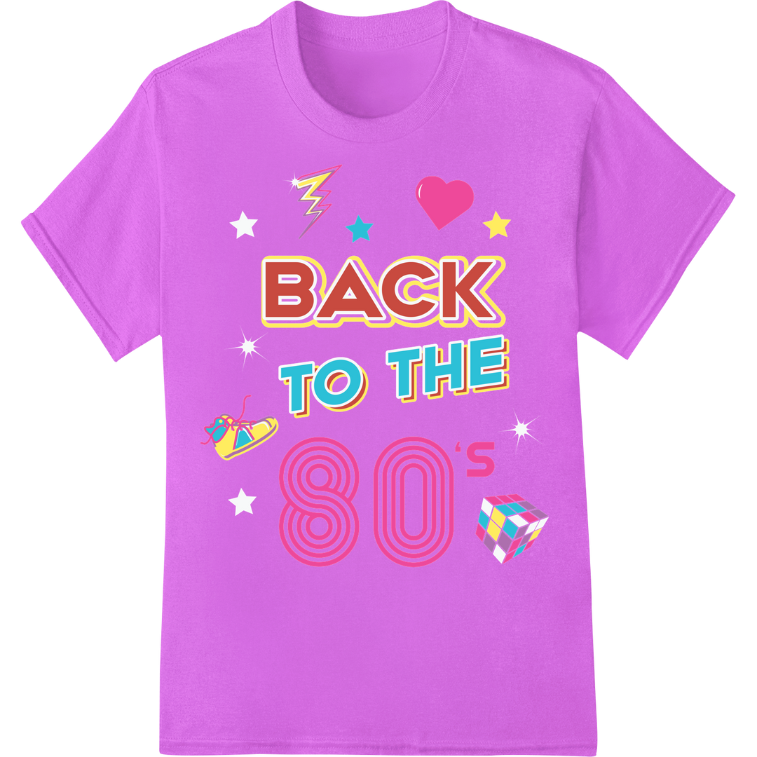 Retro 'BACK TO THE 80's' DTF Print Heat Transfer | Throwback on purple shirt - SUPERDTF-DTF Prints-DTF Transfers-Custom DTF Prints