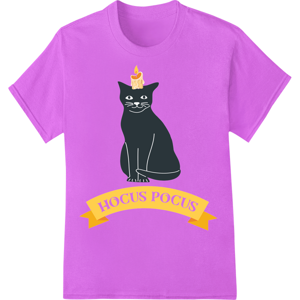 Spellbinding Black Cat 'HOCUS POCUS' Halloween DTF Print on purple shirt - SUPERDTF-DTF Prints-DTF Transfers-Custom DTF Prints