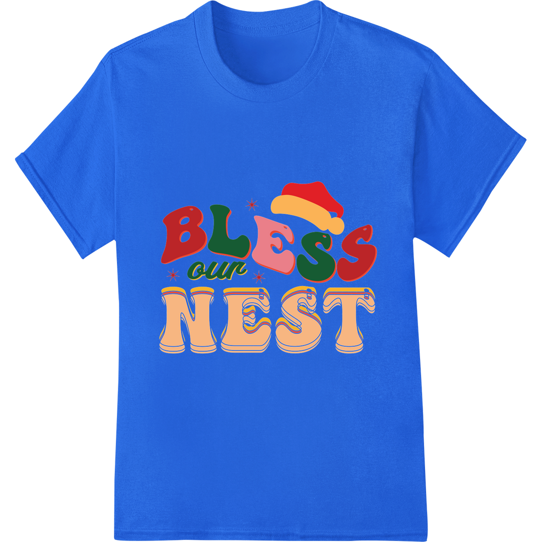 Blessed Nest: Festive Christmas Typography Heat Transfer on blue shirt - SUPERDTF-DTF Prints-DTF Transfers-Custom DTF Prints