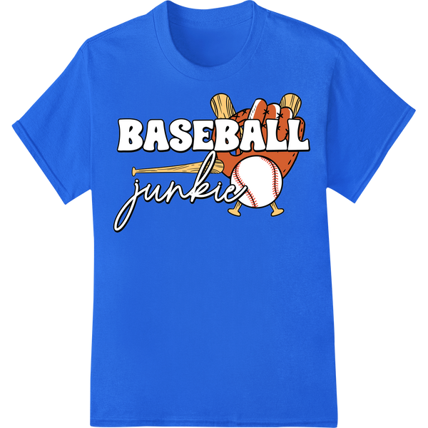 'Baseball Junkie' - DTF Print Heat Transfer for Sports Fans on blue shirt - SUPERDTF-DTF Prints-DTF Transfers-Custom DTF Prints