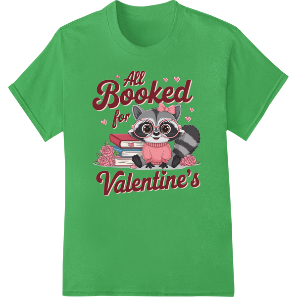 Adorable Raccoon 'All Booked for Valentine's' DTF Print on green shirt - SUPERDTF-DTF Prints-DTF Transfers-Custom DTF Prints