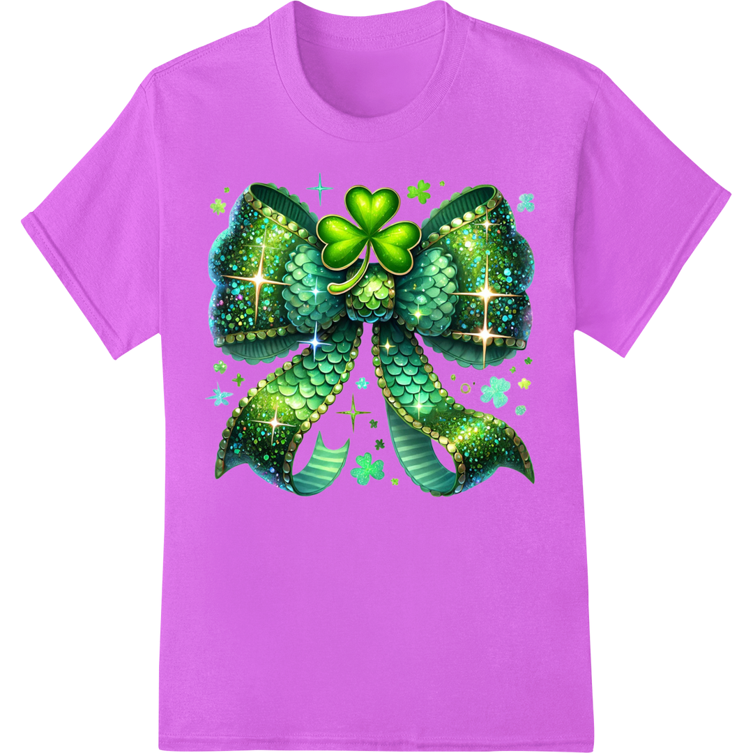 Glittery Shamrock Bow DTF Print for St. Patrick's Day Gear on purple shirt - SUPERDTF-DTF Prints-DTF Transfers-Custom DTF Prints