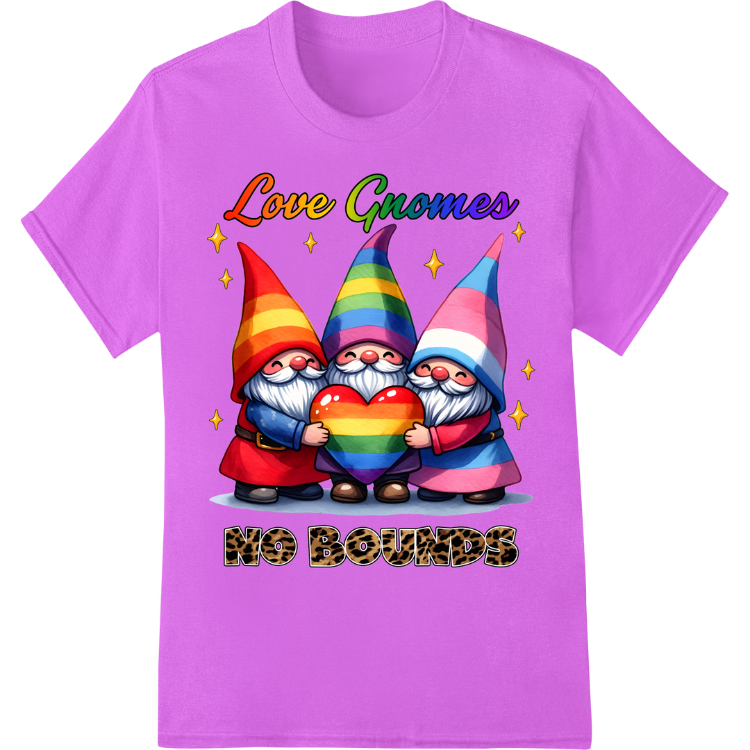 Love Gnomes No Bounds: Adorable LGBT Pride DTF Transfer on purple shirt - SUPERDTF-DTF Prints-DTF Transfers-Custom DTF Prints