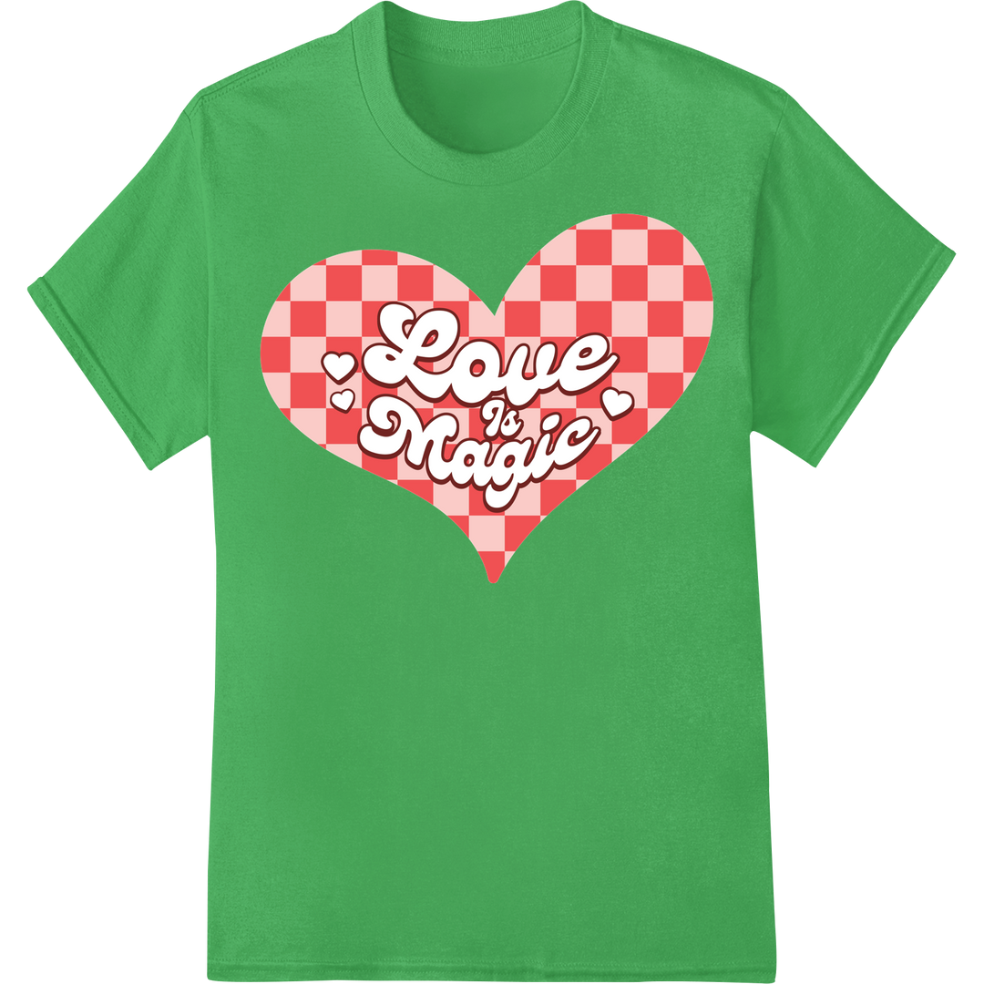 Retro Valentine's Magic: Lovely Checkerboard Heart DTF Print on green shirt - SUPERDTF-DTF Prints-DTF Transfers-Custom DTF Prints