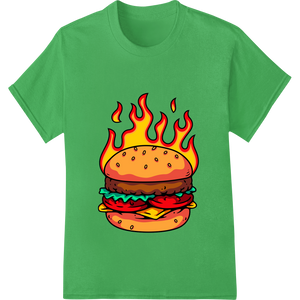 Cutting-edge custom merchandise featured on Flaming Hot Burger - Fiery Fast Food DTF Heat Transfer