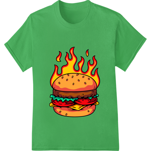 Cutting-edge custom merchandise featured on Flaming Hot Burger - Fiery Fast Food DTF Heat Transfer