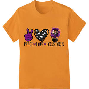 Playful 'Peace Love Hocus Pocus' Halloween DTF Print Design enhanced with professional customized apparel