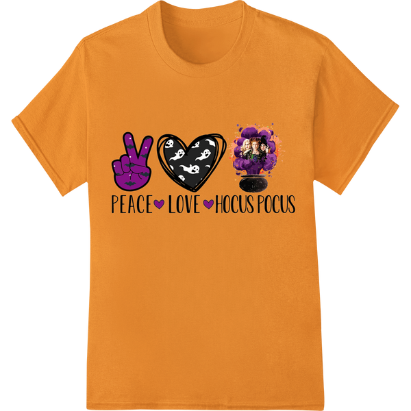 Playful 'Peace Love Hocus Pocus' Halloween DTF Print Design enhanced with professional customized apparel