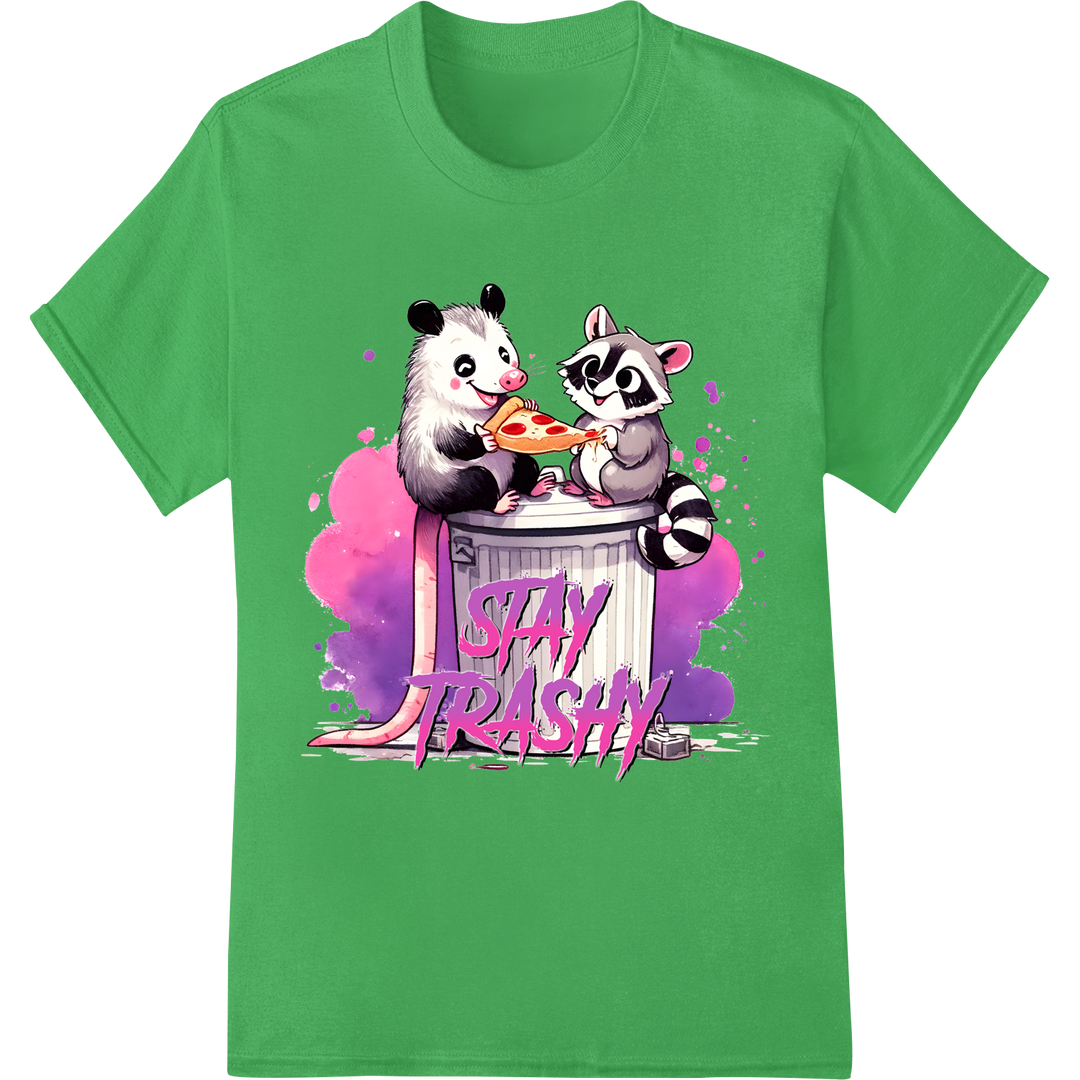 Hilarious 'Stay Trashy' Raccoon Humor DTF Heat Transfer on green shirt - SUPERDTF-DTF Prints-DTF Transfers-Custom DTF Prints