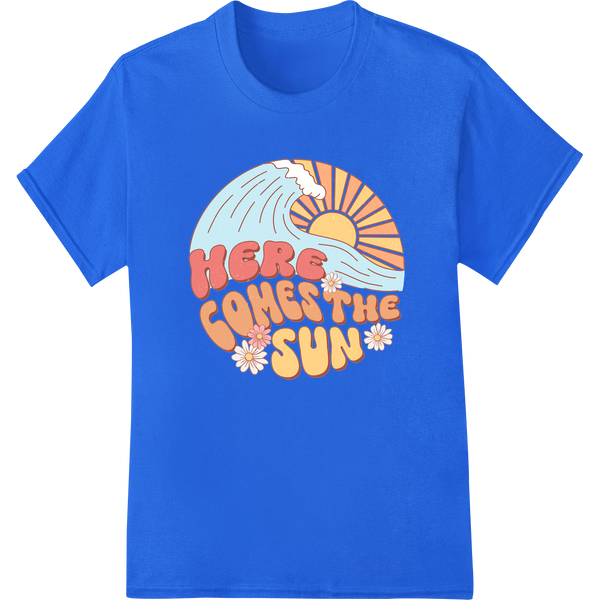 Retro 'Here Comes the Sun' Summer Heat Transfer Print on blue shirt - SUPERDTF-DTF Prints-DTF Transfers-Custom DTF Prints