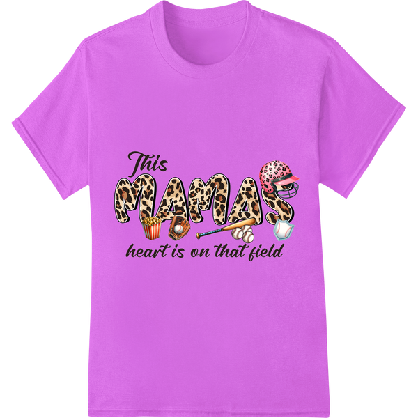 Baseball Mom Leopard Print | DTF Heat Transfer "Mama's Heart" on purple shirt - SUPERDTF-DTF Prints-DTF Transfers-Custom DTF Prints