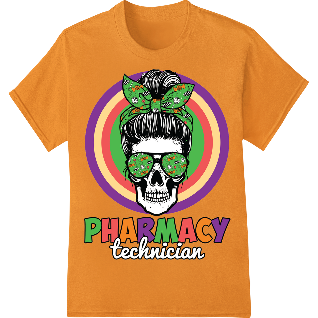 Edgy Skull Pharmacy Tech DTF Print Heat Transfer on orange shirt - SUPERDTF-DTF Prints-DTF Transfers-Custom DTF Prints