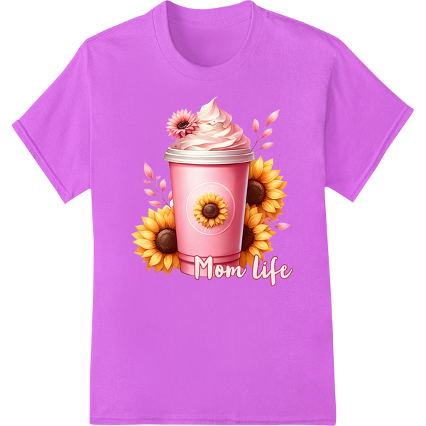 Vibrant 'Mom Life' Coffee Cup DTF Print Heat Transfer on purple shirt - SUPERDTF-DTF Prints-DTF Transfers-Custom DTF Prints