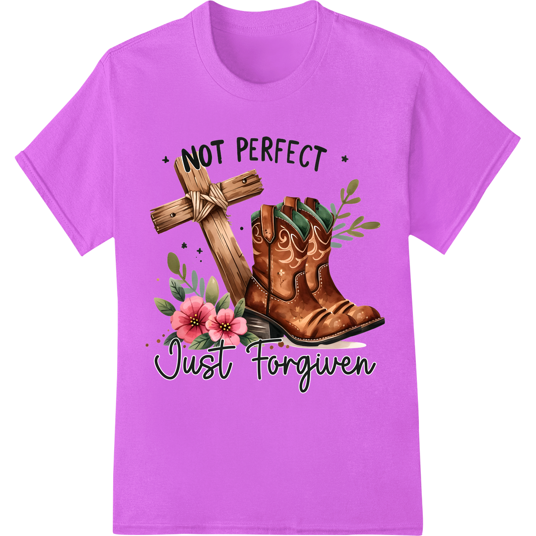 Forgiven Boots: Rugged Faith DTF Print Heat Transfer on purple shirt - SUPERDTF-DTF Prints-DTF Transfers-Custom DTF Prints