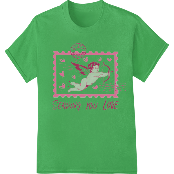 Cupid's Love Stamp: Romantic DTF Print Heat Transfer on green shirt - SUPERDTF-DTF Prints-DTF Transfers-Custom DTF Prints