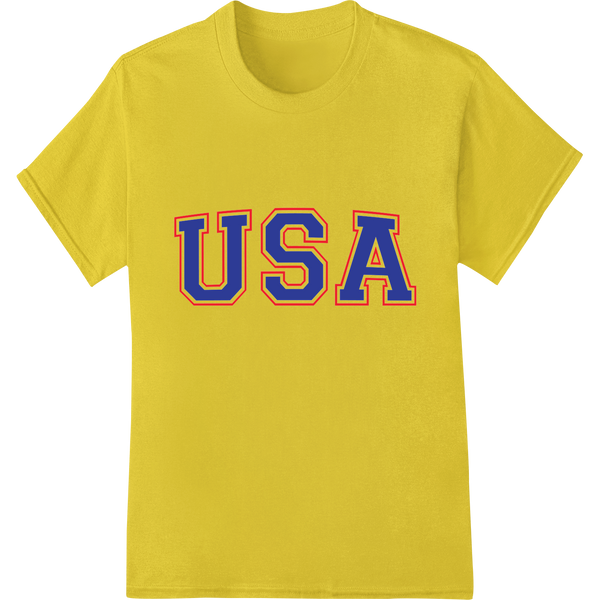 Bold USA Typography: Patriotic Pride DTF Print Heat Transfer on yellow shirt - SUPERDTF-DTF Prints-DTF Transfers-Custom DTF Prints