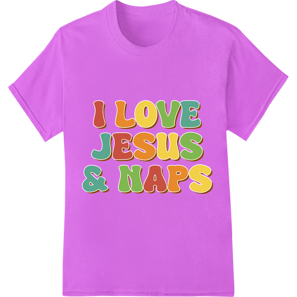 Colorful 'I LOVE JESUS & NAPS' Christian Heat Transfer Print on purple shirt - SUPERDTF-DTF Prints-DTF Transfers-Custom DTF Prints