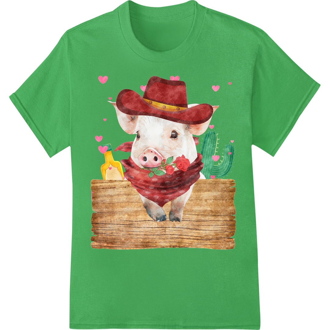 Adorable Valentine's Day Farm Pig DTF Print Heat Transfer on green shirt - SUPERDTF-DTF Prints-DTF Transfers-Custom DTF Prints