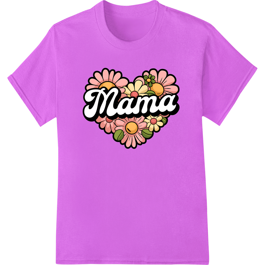 Retro 'Mama' Floral Heart DTF Print Heat Transfer on purple shirt - SUPERDTF-DTF Prints-DTF Transfers-Custom DTF Prints