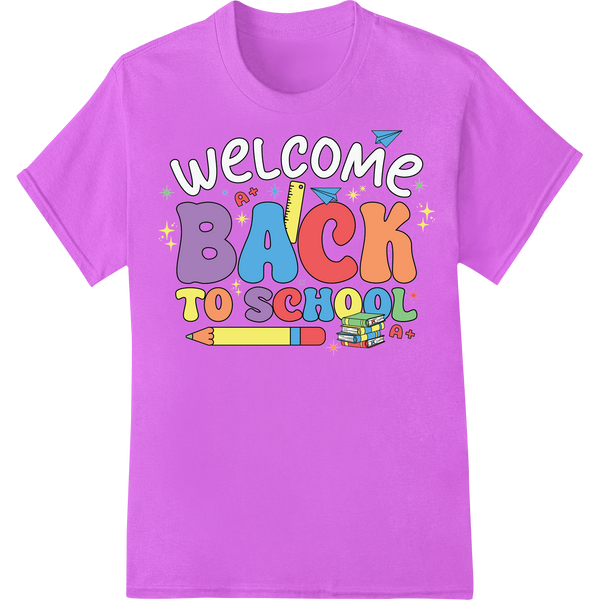 Brighten Up Back to School with This Fun Teacher Transfer on purple shirt - SUPERDTF-DTF Prints-DTF Transfers-Custom DTF Prints