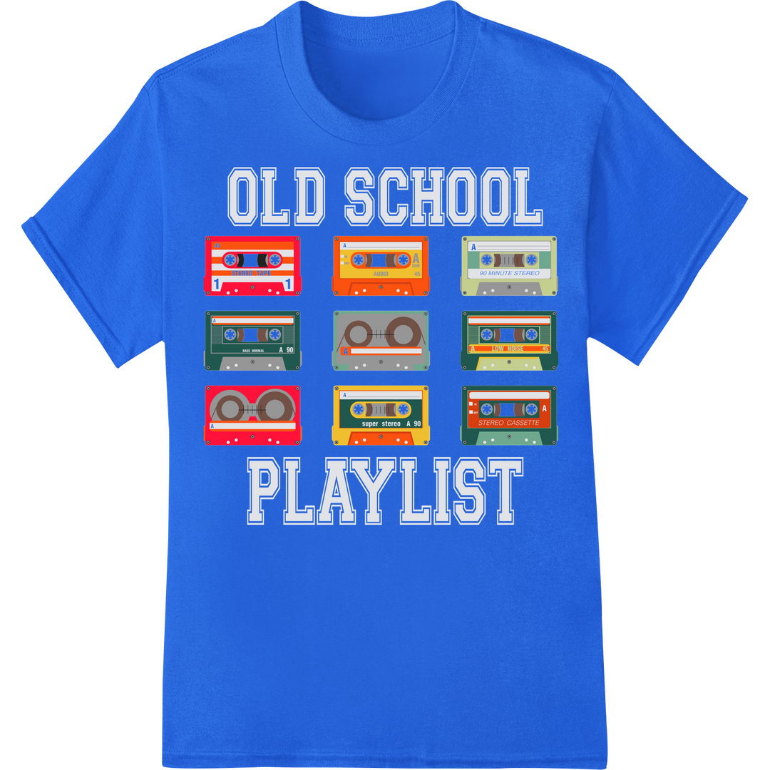 Retro 80s 'Old School Playlist' Cassette Tapes DTF Print on blue shirt - SUPERDTF-DTF Prints-DTF Transfers-Custom DTF Prints