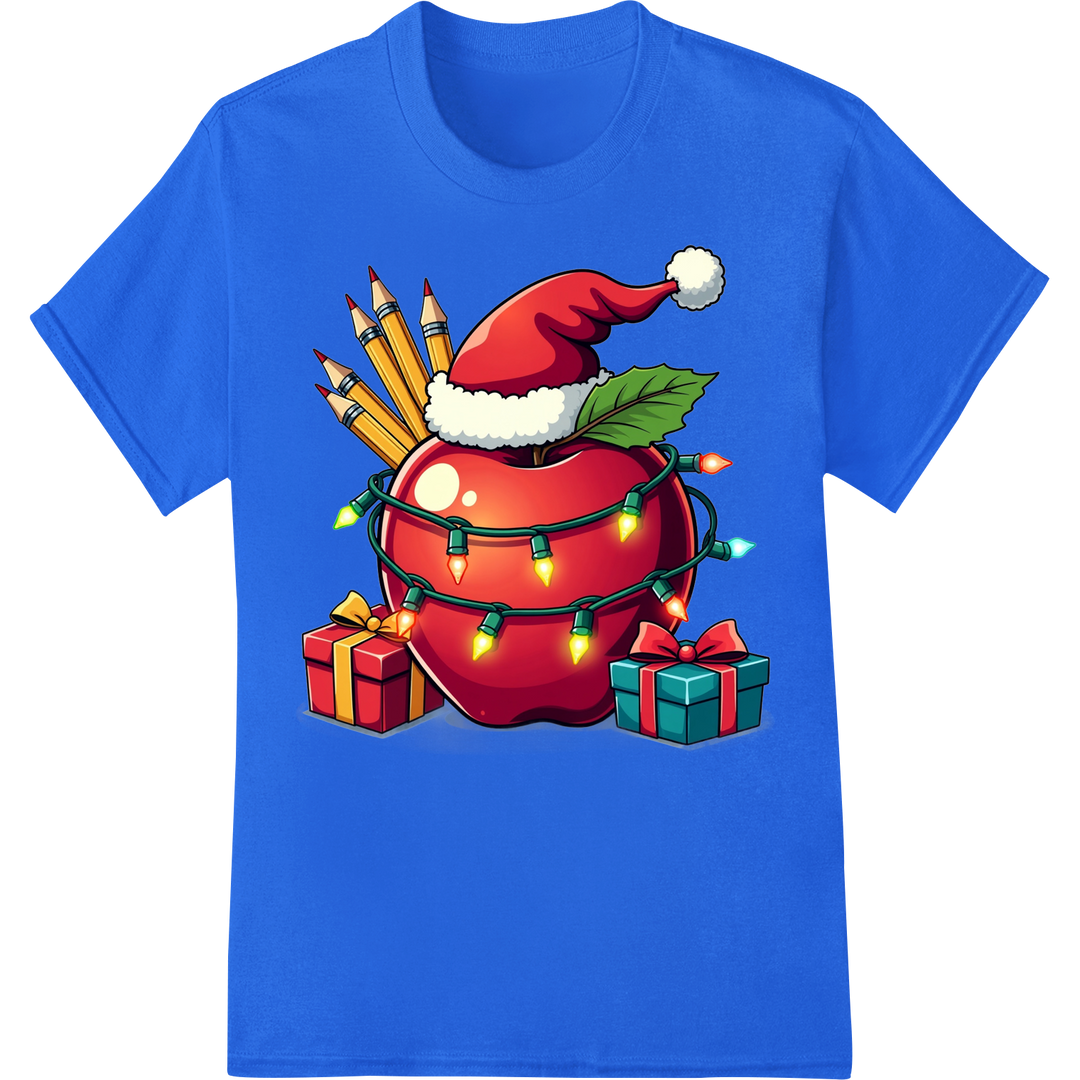 Festive Apple Santa Hat Teacher Christmas DTF Print on blue shirt - SUPERDTF-DTF Prints-DTF Transfers-Custom DTF Prints