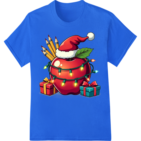 Festive Apple Santa Hat Teacher Christmas DTF Print on blue shirt - SUPERDTF-DTF Prints-DTF Transfers-Custom DTF Prints