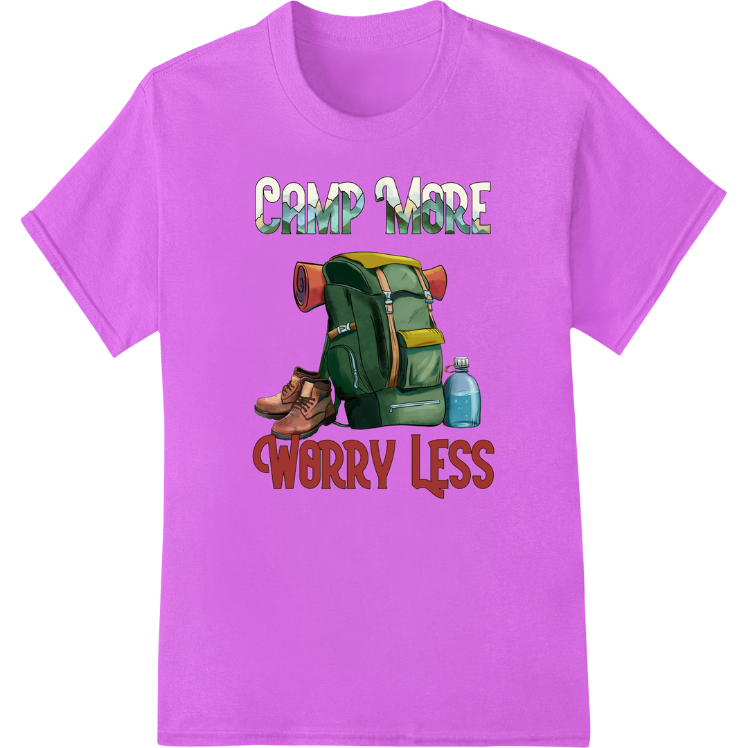 Embrace Adventure: 'Camp More Worry Less' DTF Print Transfer on purple shirt - SUPERDTF-DTF Prints-DTF Transfers-Custom DTF Prints