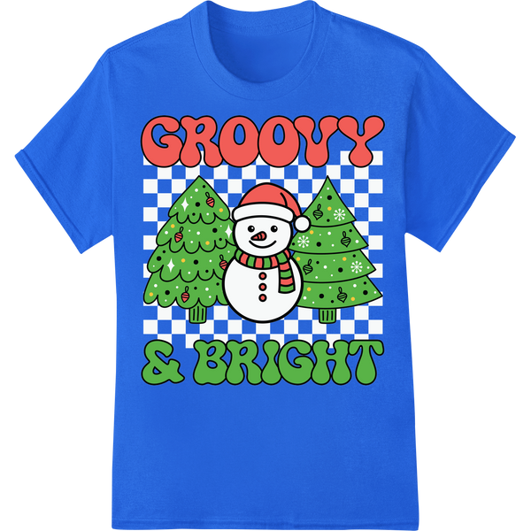 Groovy Christmas Snowman Heat Transfer | Festive DTF Print on blue shirt - SUPERDTF-DTF Prints-DTF Transfers-Custom DTF Prints