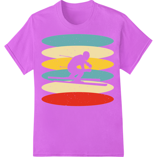 Vibrant Skiing Silhouette: Bold Rainbow DTF Print Transfer on purple shirt - SUPERDTF-DTF Prints-DTF Transfers-Custom DTF Prints