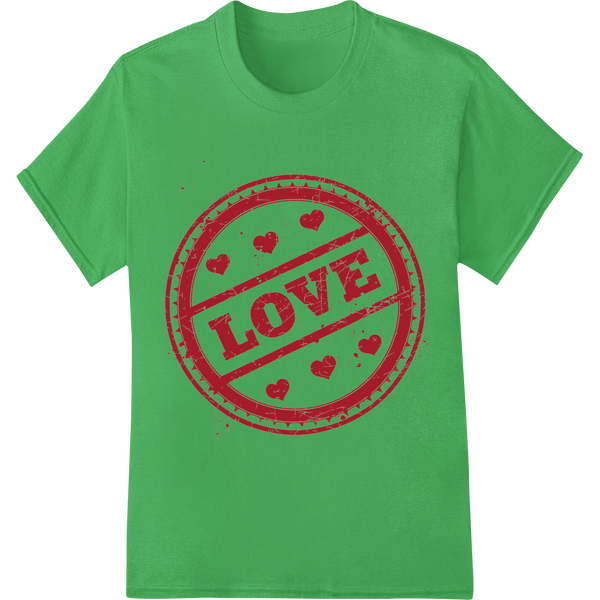 LOVE Stamp DTF Print Heat Transfer - Valentine's Day Design on green shirt - SUPERDTF-DTF Prints-DTF Transfers-Custom DTF Prints