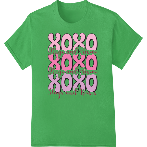 Retro 'xoxo hugs and kisses' Valentine's Day DTF Print on green shirt - SUPERDTF-DTF Prints-DTF Transfers-Custom DTF Prints