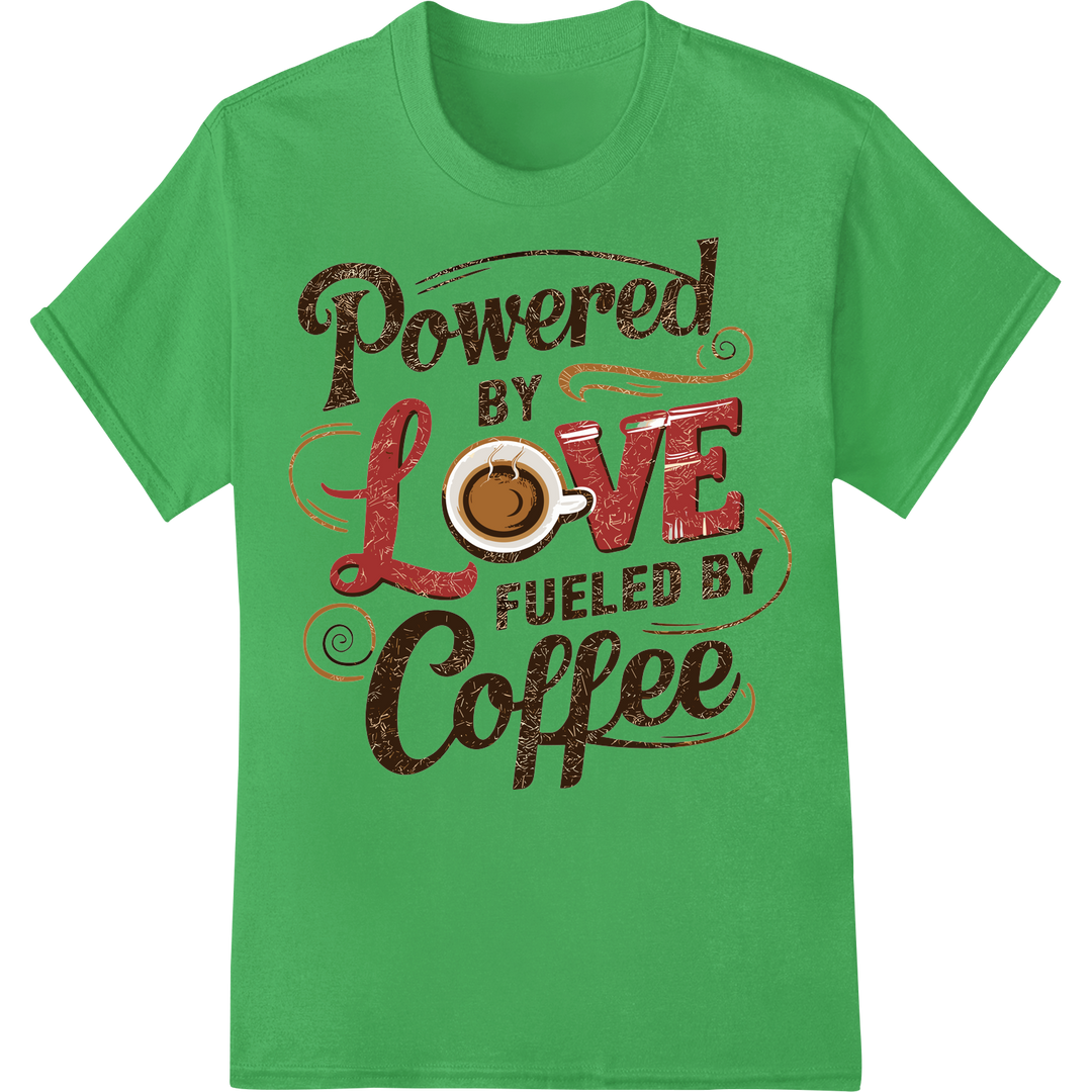 Powered by Love Fueled by Coffee | DTF Print Heat Transfer on green shirt - SUPERDTF-DTF Prints-DTF Transfers-Custom DTF Prints