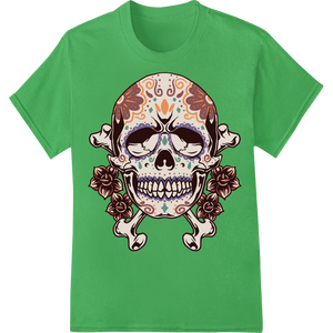 Ornate Day of the Dead Sugar Skull with Floral Design enhanced with professional custom DTF designs