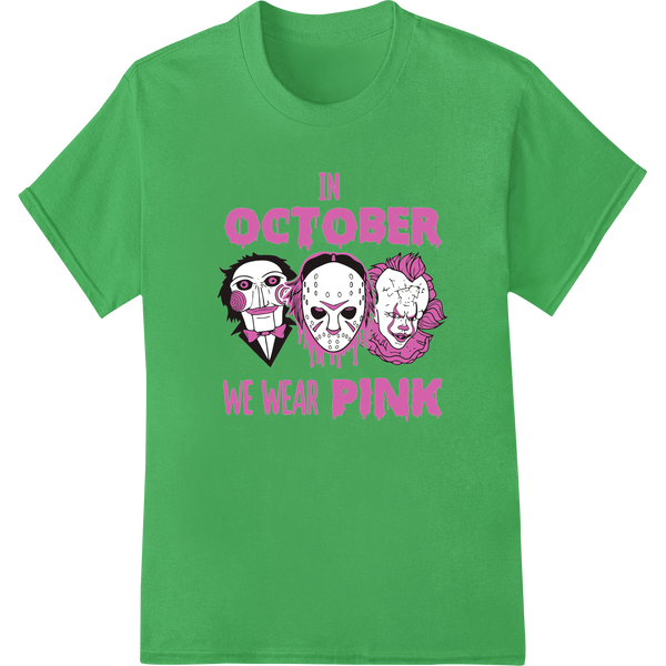 In October We Wear Pink: Spooky Skull Halloween DTF Print on green shirt - SUPERDTF-DTF Prints-DTF Transfers-Custom DTF Prints