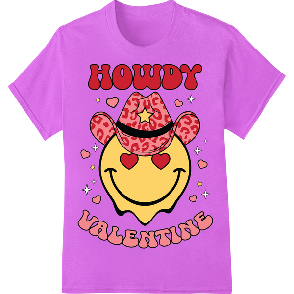 Groovy 'Howdy Valentine' Hippie Smiley Heat Transfer Print on purple shirt - SUPERDTF-DTF Prints-DTF Transfers-Custom DTF Prints