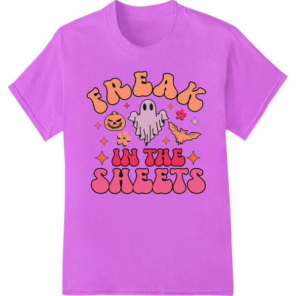 An illustration of a playful ghost with the text 'Freak in the Sheets' underneath, perfect for Halloween DTF transfers.