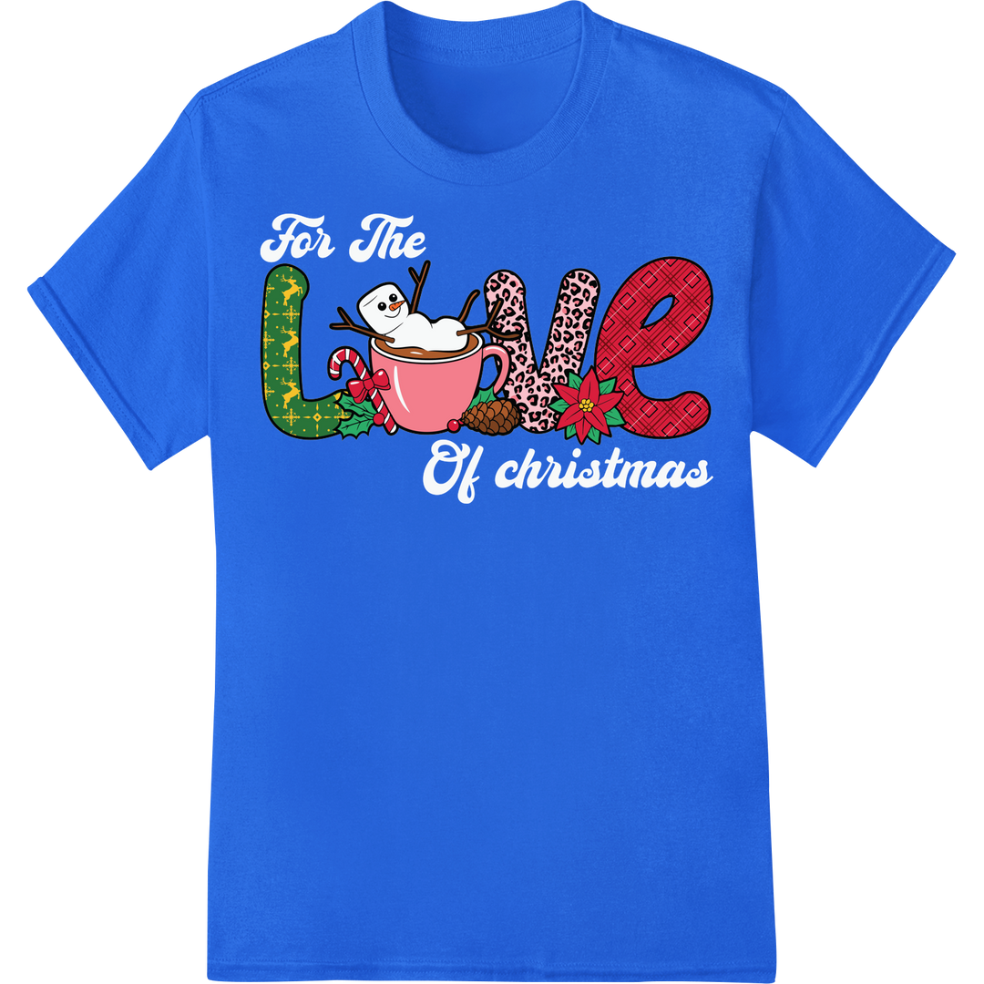 Frosty Snowman 'LOVE' - Cute Christmas Heat Transfer on blue shirt - SUPERDTF-DTF Prints-DTF Transfers-Custom DTF Prints